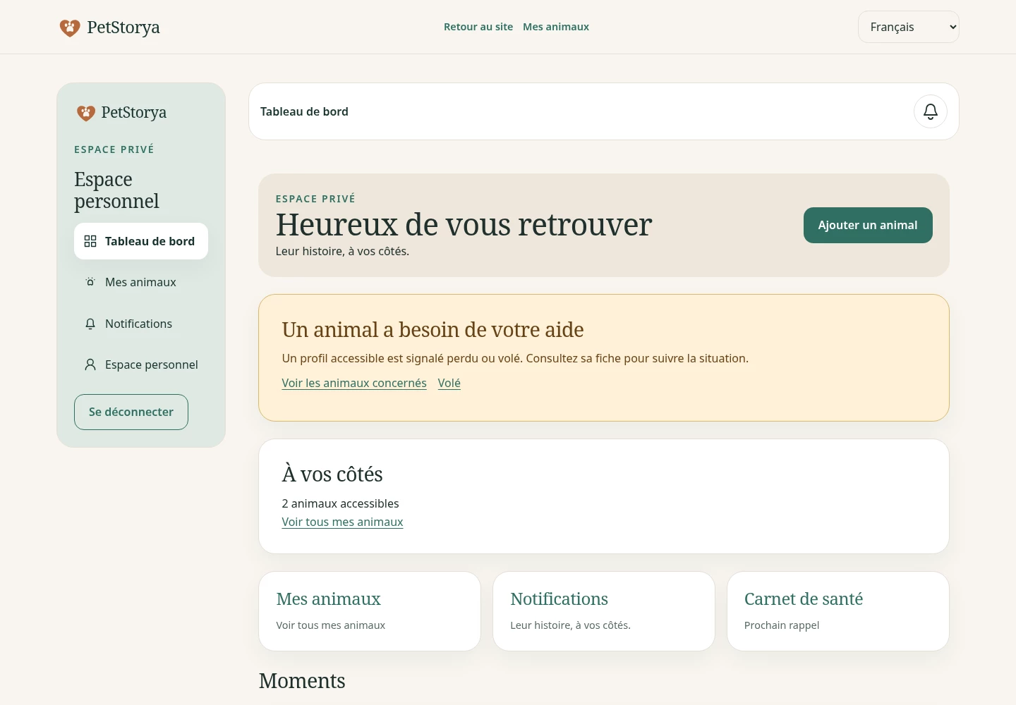 Capture PetStorya : tableau de bord