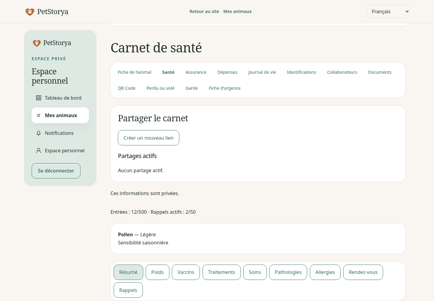 Capture PetStorya : carnet de santé