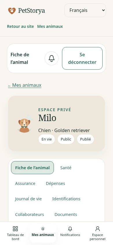 Capture PetStorya : profil animal