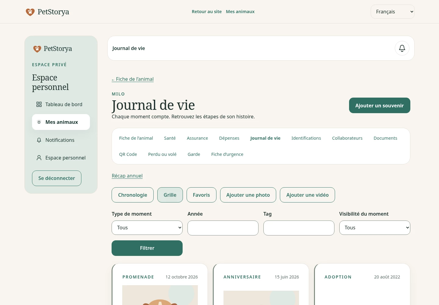 Capture PetStorya : journal de souvenirs